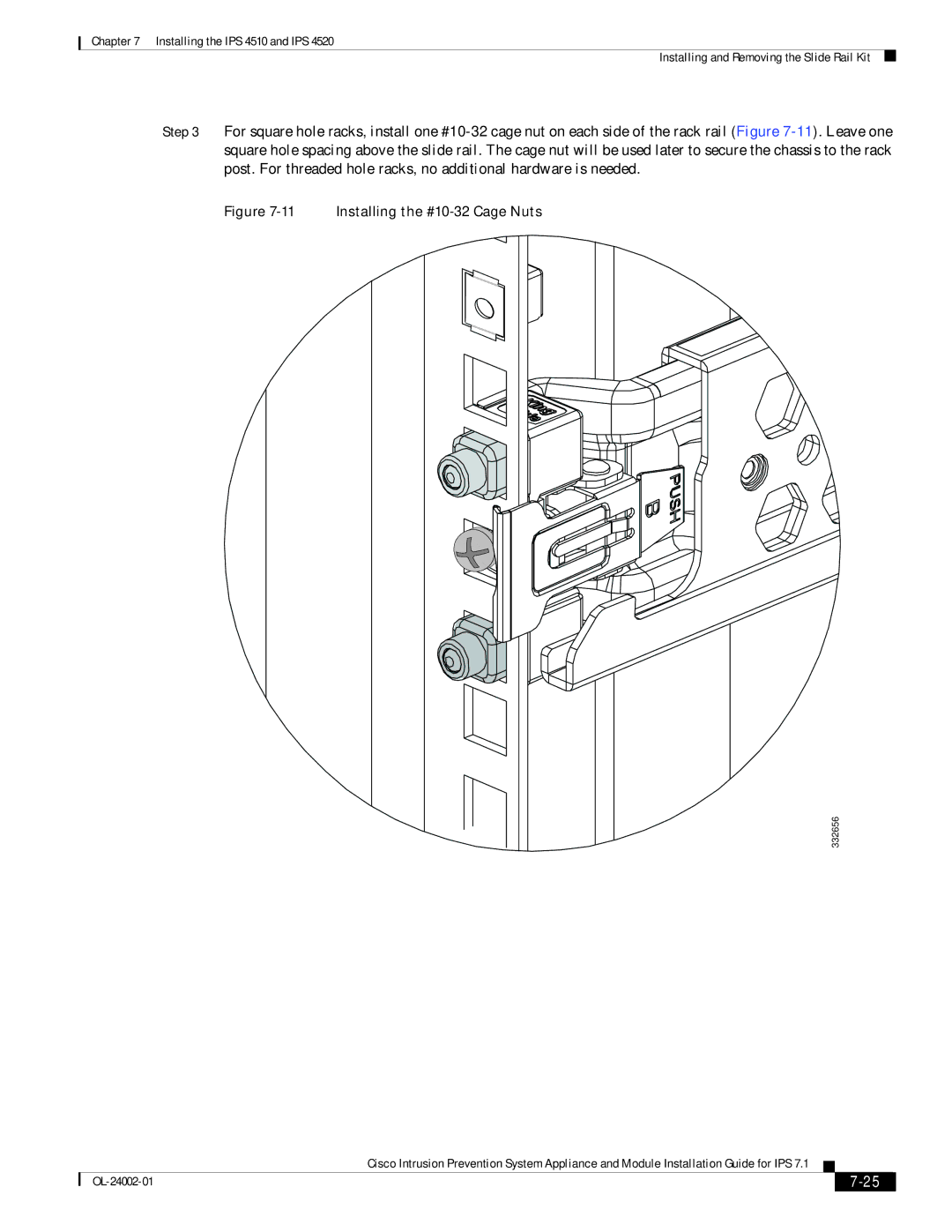 Cisco Systems IPS4520K9, IPS4510K9 specifications Installing the #10-32 Cage Nuts 