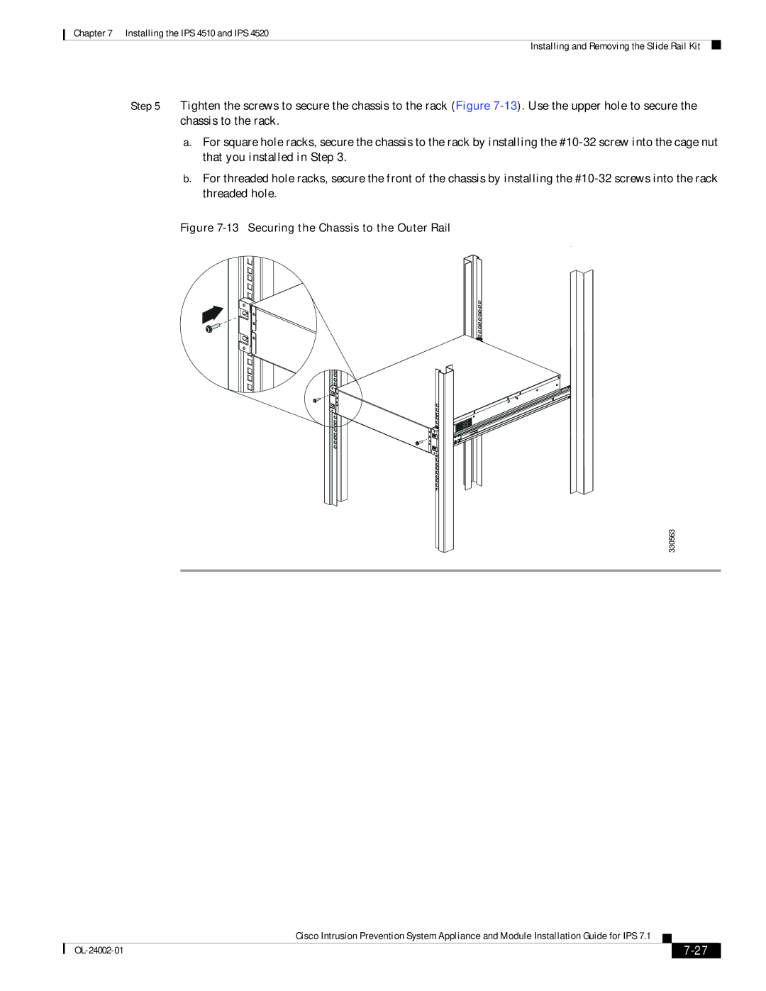 Cisco Systems IPS4520K9, IPS4510K9 specifications Securing the Chassis to the Outer Rail 