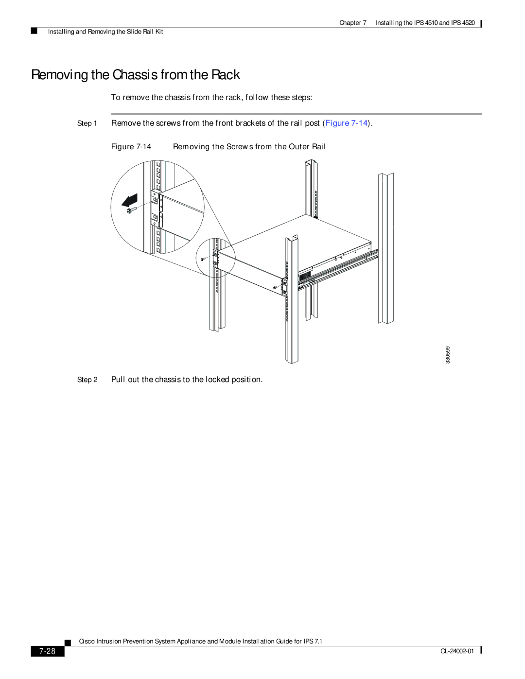 Cisco Systems IPS4510K9, IPS4520K9 specifications Removing the Chassis from the Rack 