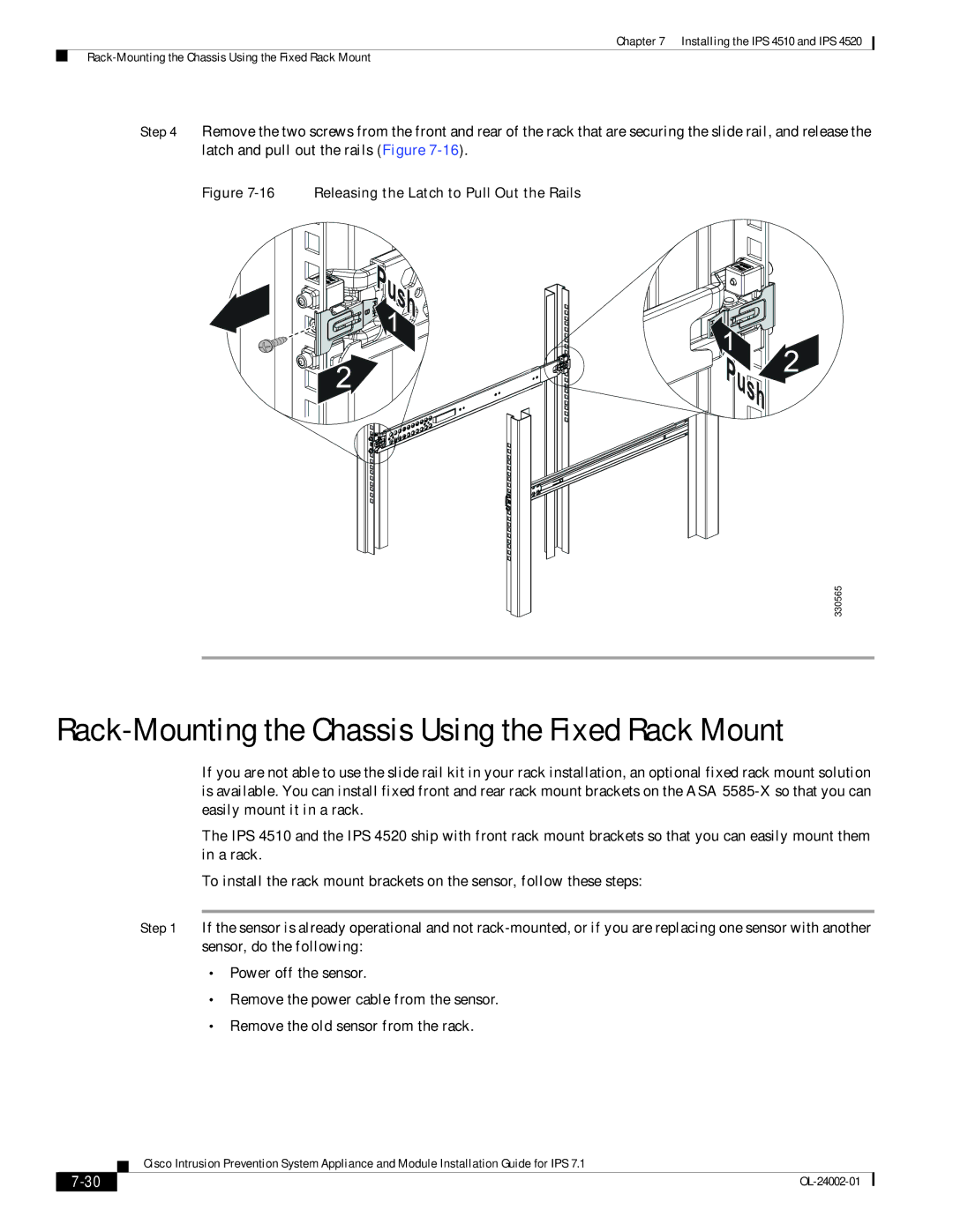 Cisco Systems IPS4510K9 Rack-Mounting the Chassis Using the Fixed Rack Mount, Releasing the Latch to Pull Out the Rails 