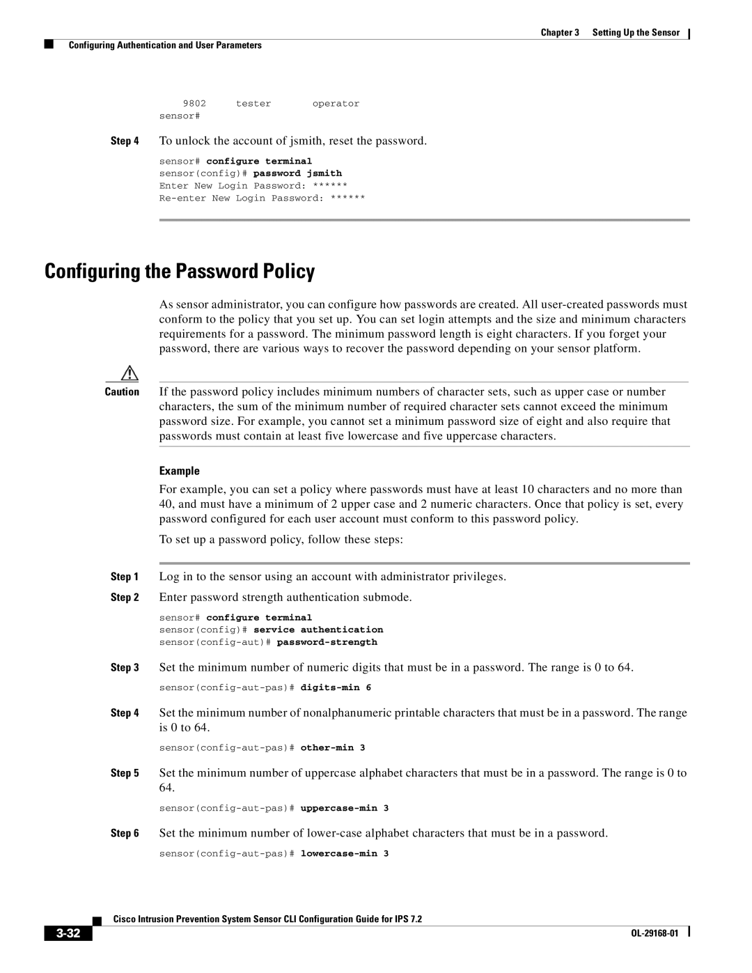 Cisco Systems IPS4510K9 Configuring the Password Policy, To unlock the account of jsmith, reset the password, Example 