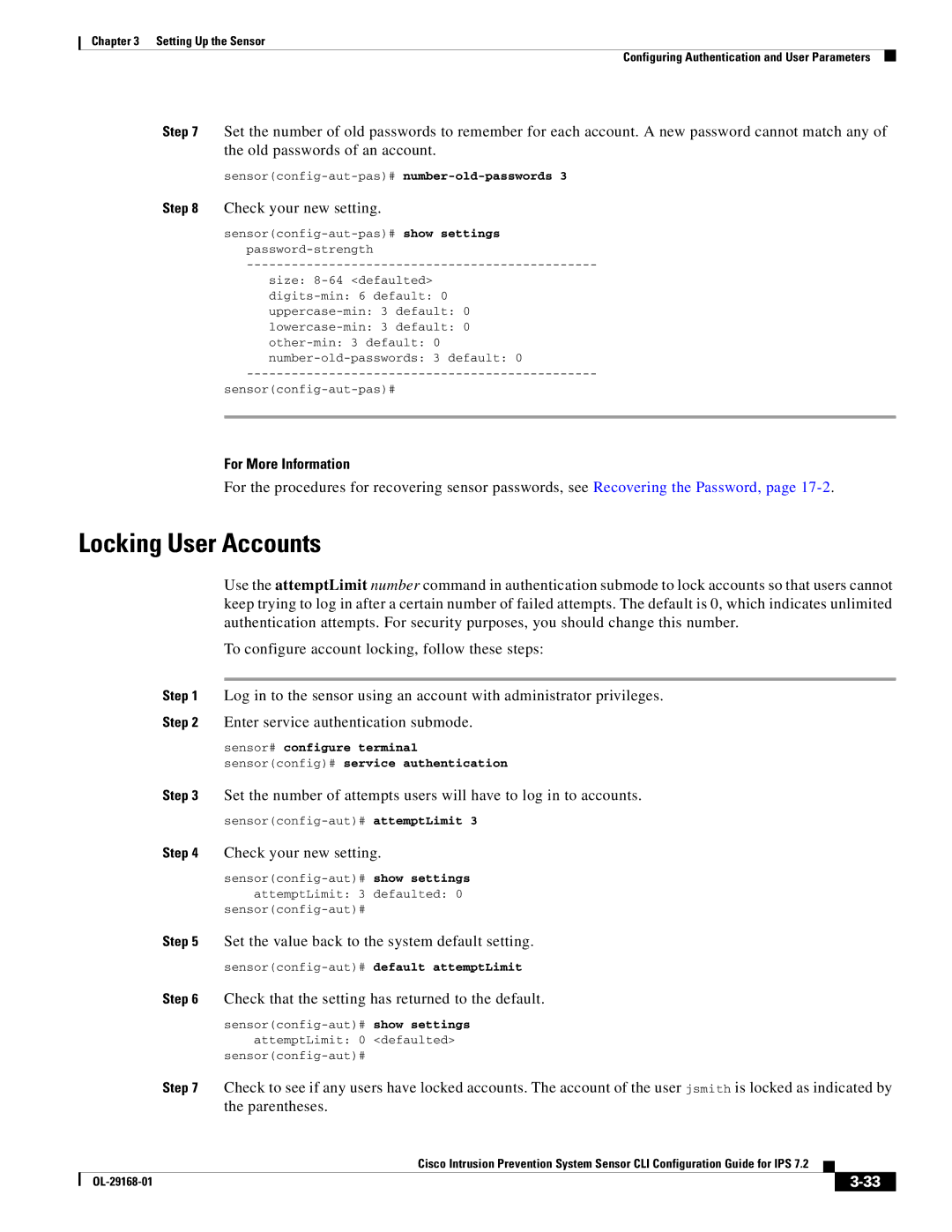 Cisco Systems IPS4510K9 manual Locking User Accounts, Set the value back to the system default setting 