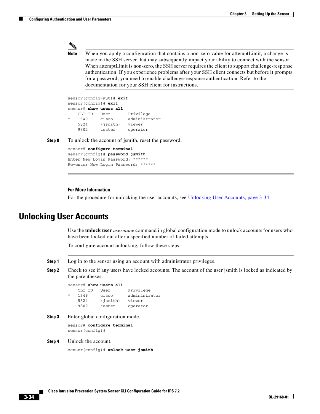 Cisco Systems IPS4510K9 manual Unlocking User Accounts, Parentheses, Enter global configuration mode, Unlock the account 