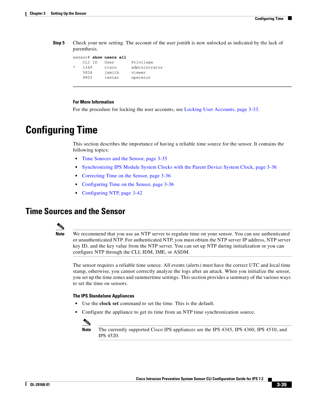 Cisco Systems IPS4510K9 manual Configuring Time, Time Sources and the Sensor, IPS Standalone Appliances 