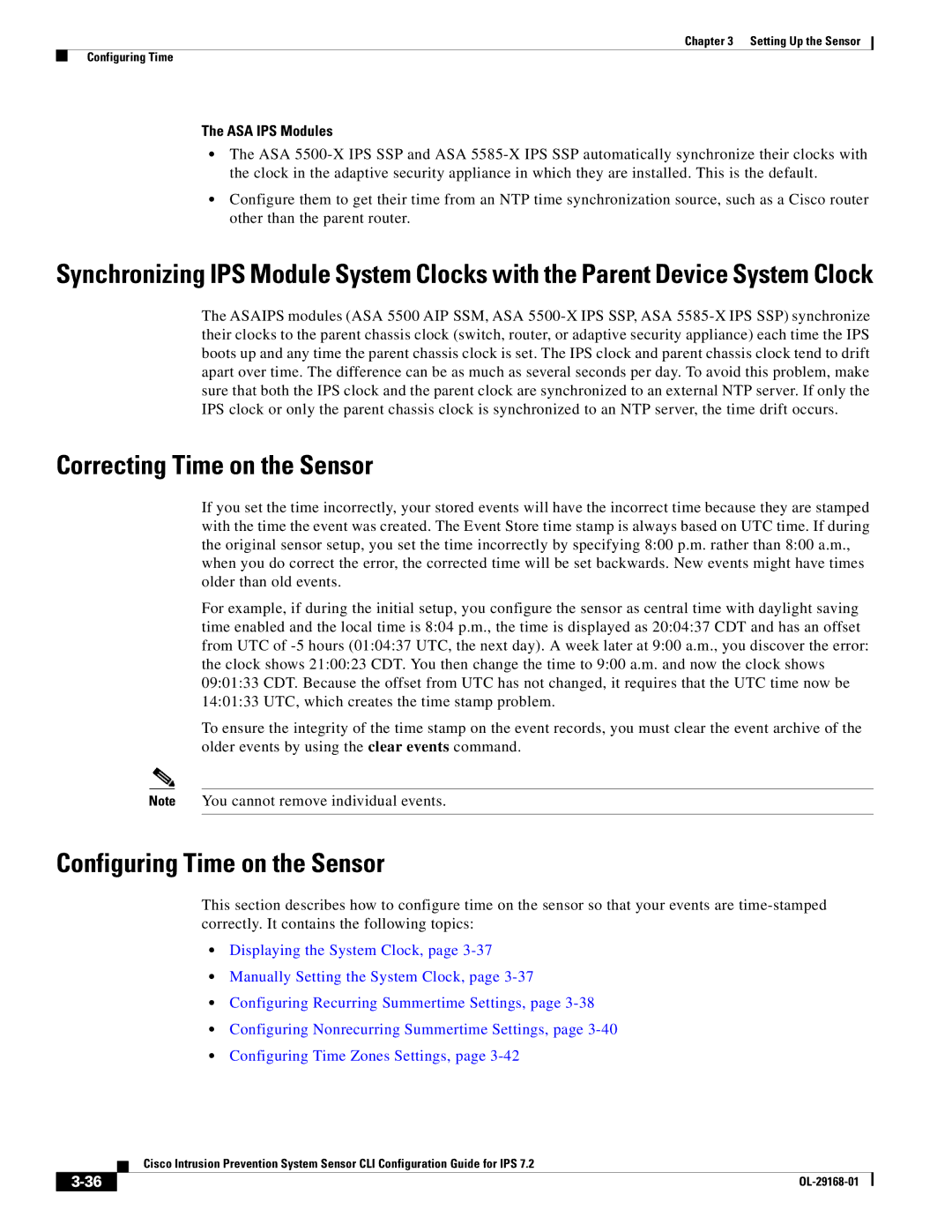 Cisco Systems IPS4510K9 manual Correcting Time on the Sensor, Configuring Time on the Sensor, ASA IPS Modules 