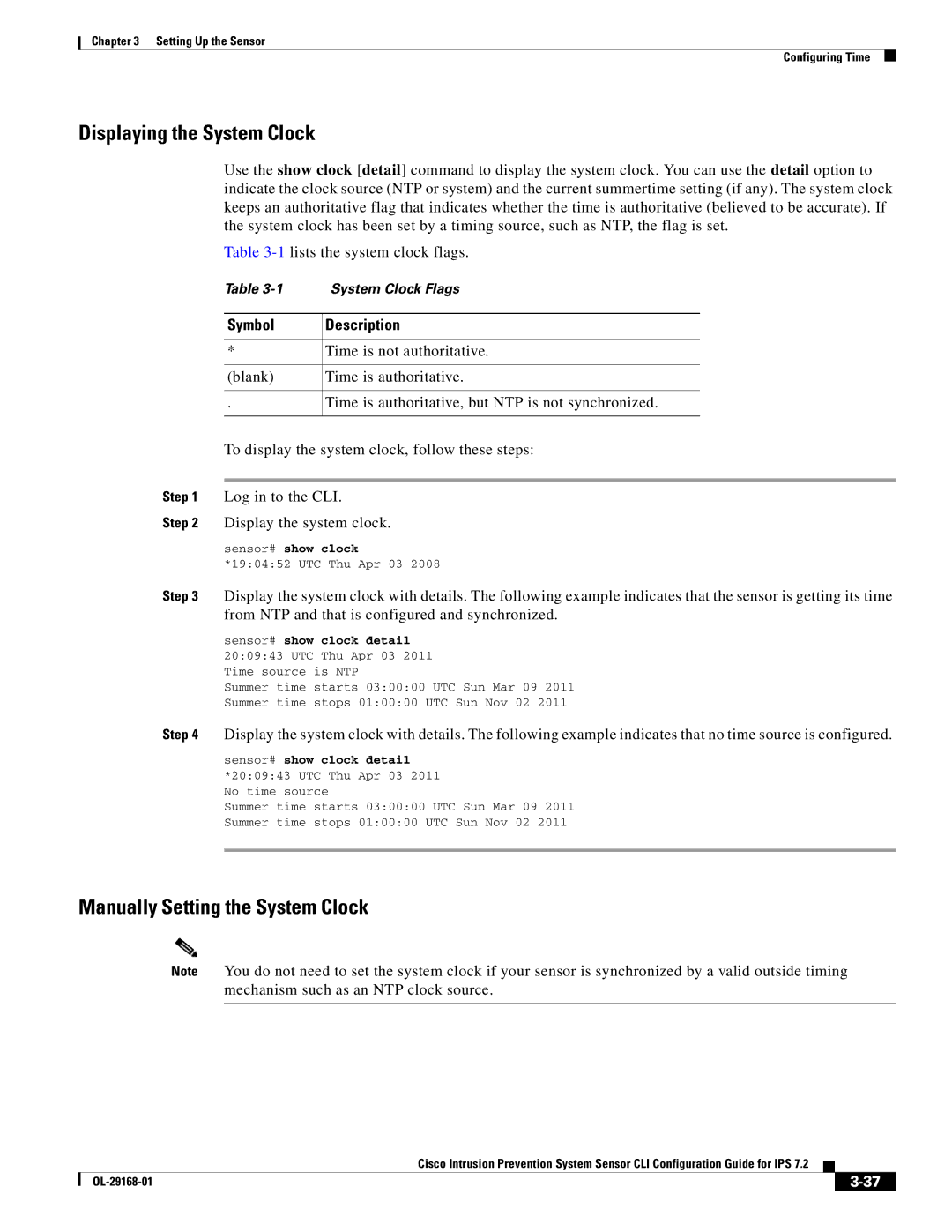 Cisco Systems IPS4510K9 Displaying the System Clock, Manually Setting the System Clock, Symbol, Sensor# show clock, Detail 