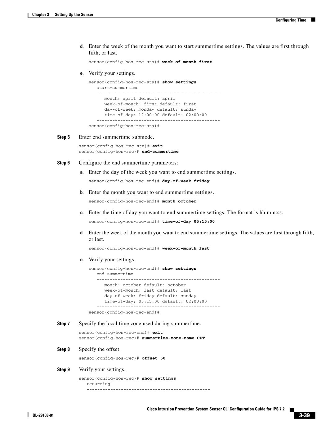 Cisco Systems IPS4510K9 manual Verify your settings, Enter end summertime submode, Specify the offset 