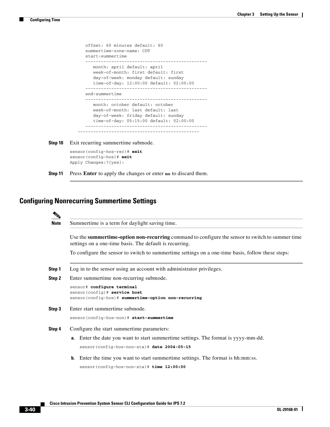 Cisco Systems IPS4510K9 manual Configuring Nonrecurring Summertime Settings, Exit recurring summertime submode 