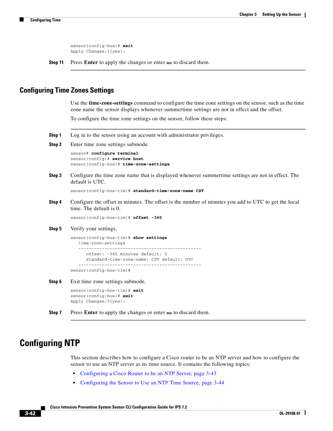 Cisco Systems IPS4510K9 manual Configuring NTP, Configuring Time Zones Settings, Exit time zone settings submode 