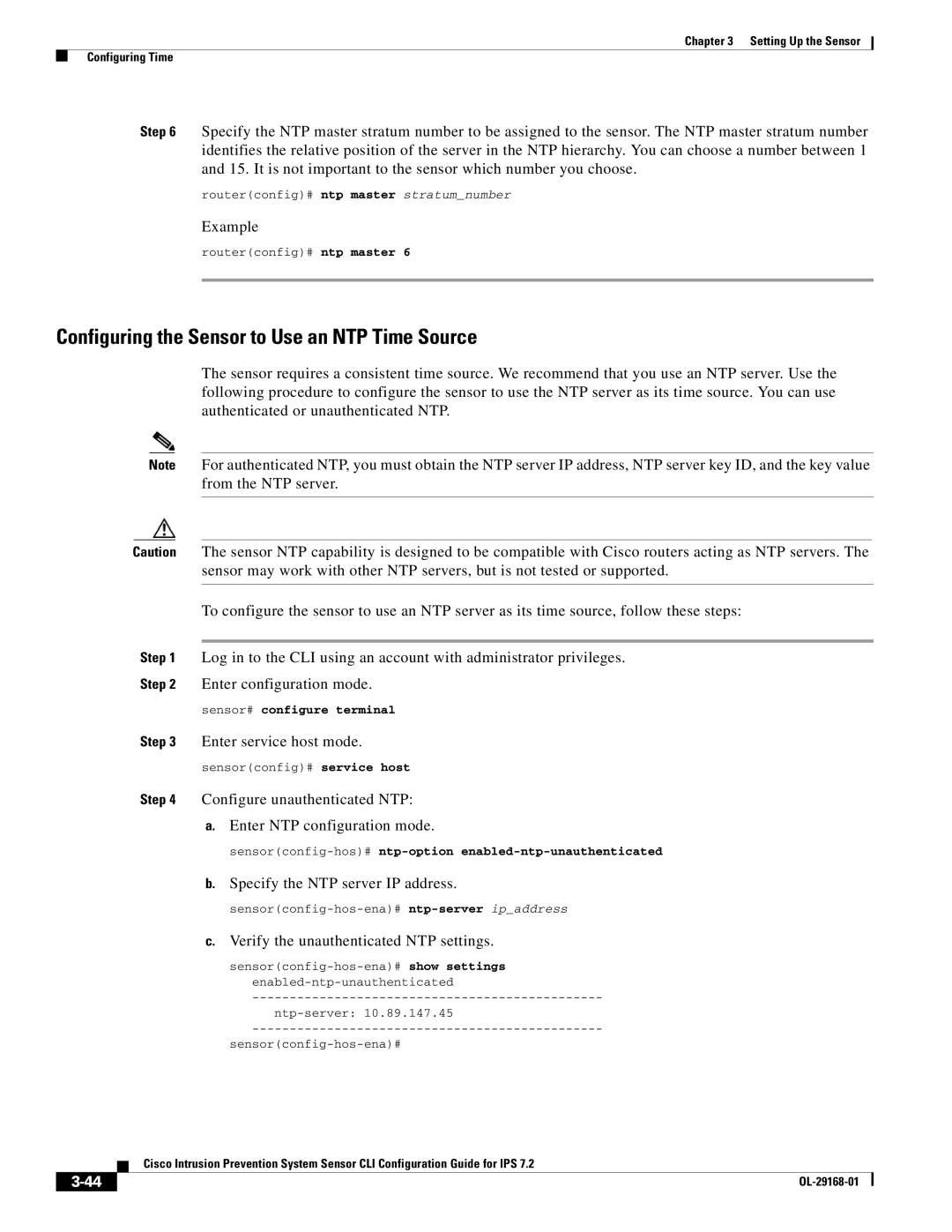 Cisco Systems IPS4510K9 manual Configuring the Sensor to Use an NTP Time Source, Enter service host mode 