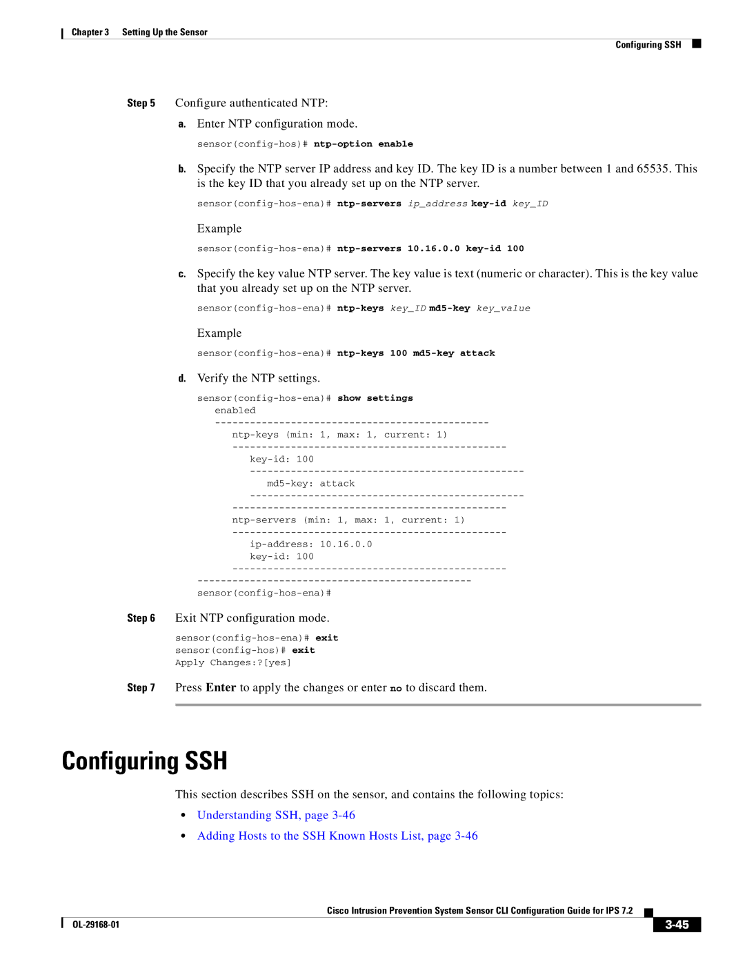 Cisco Systems IPS4510K9 Configuring SSH, Configure authenticated NTP Enter NTP configuration mode, Verify the NTP settings 