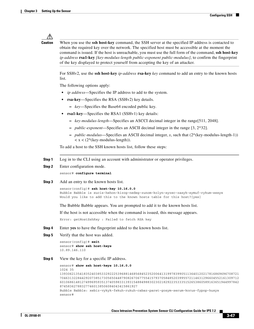 Cisco Systems IPS4510K9 manual Add an entry to the known hosts list, View the key for a specific IP address 