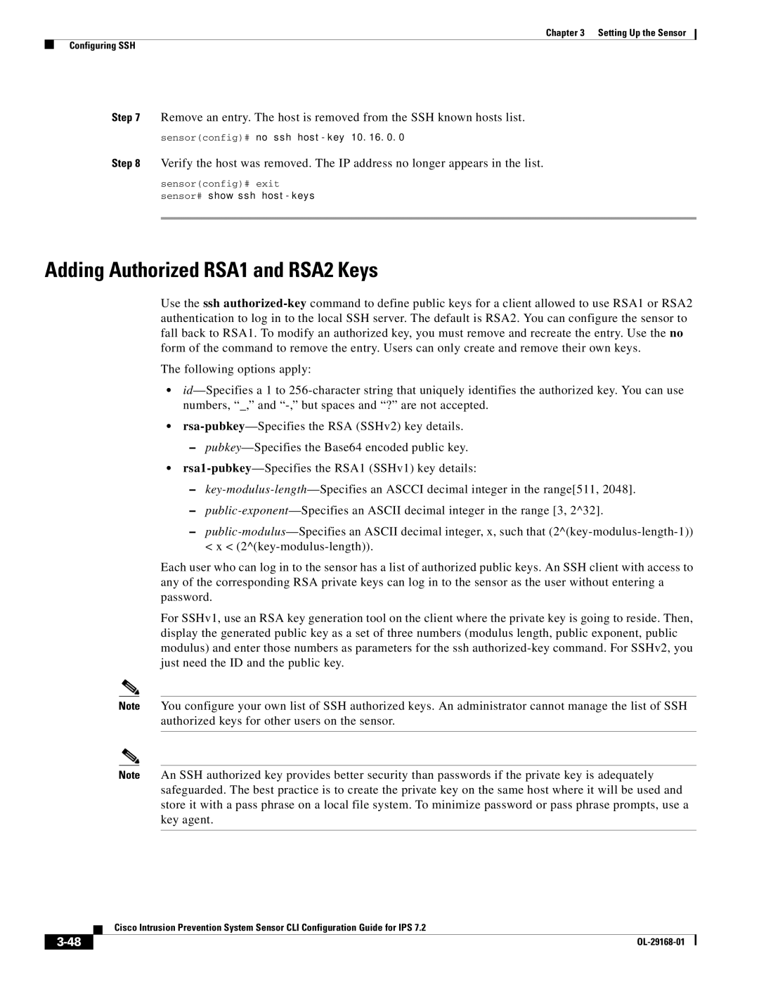 Cisco Systems IPS4510K9 manual Adding Authorized RSA1 and RSA2 Keys, Sensorconfig# no ssh host-key 