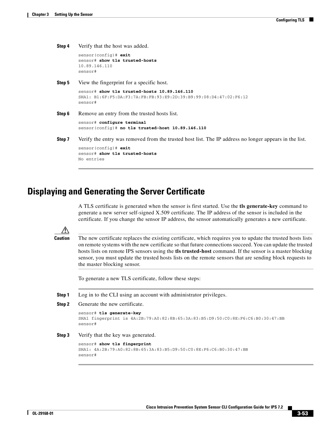 Cisco Systems IPS4510K9 manual Displaying and Generating the Server Certificate, View the fingerprint for a specific host 