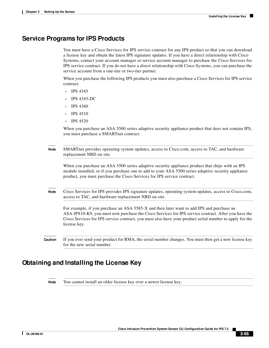 Cisco Systems IPS4510K9 manual Service Programs for IPS Products, Obtaining and Installing the License Key 