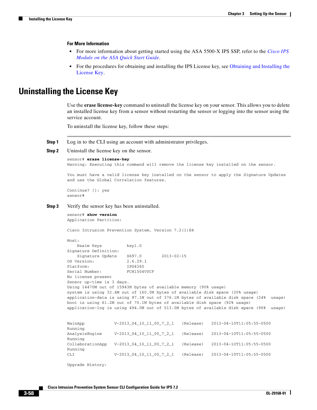 Cisco Systems IPS4510K9 manual Uninstalling the License Key, Verify the sensor key has been uninstalled 