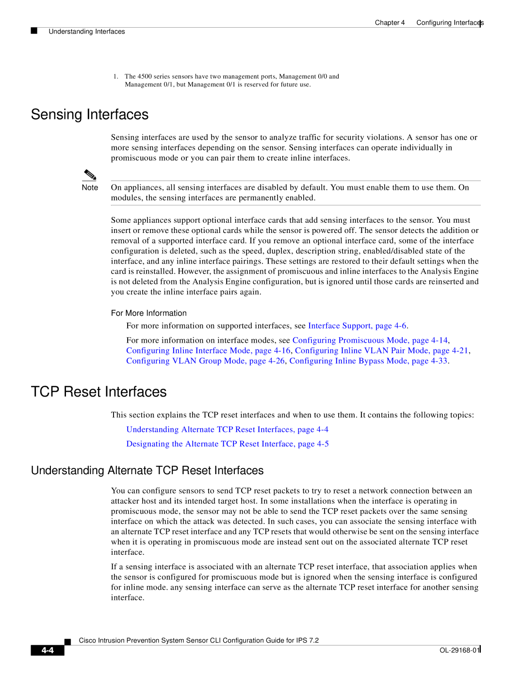 Cisco Systems IPS4510K9 manual Sensing Interfaces, Understanding Alternate TCP Reset Interfaces 