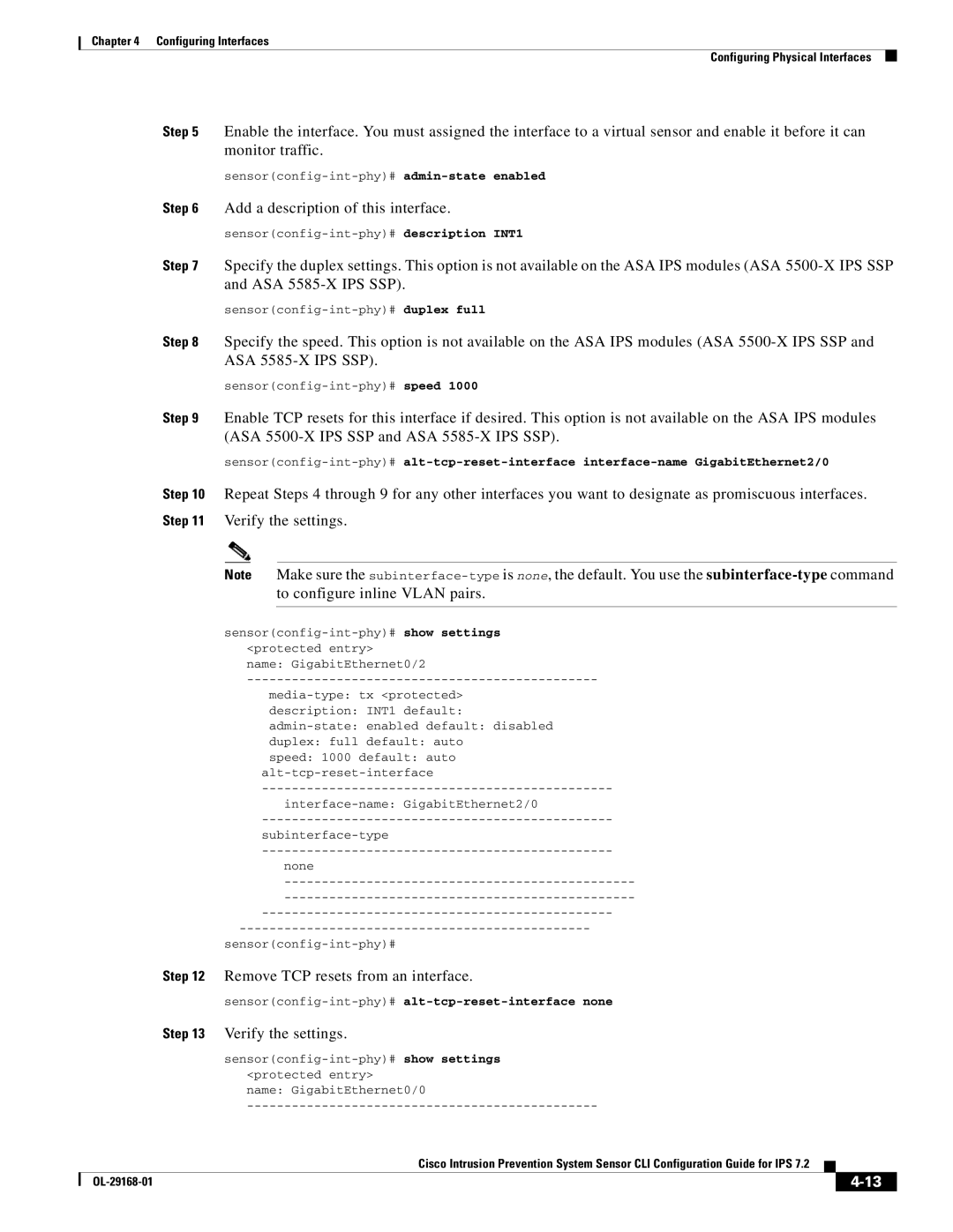 Cisco Systems IPS4510K9 manual Add a description of this interface, Remove TCP resets from an interface 