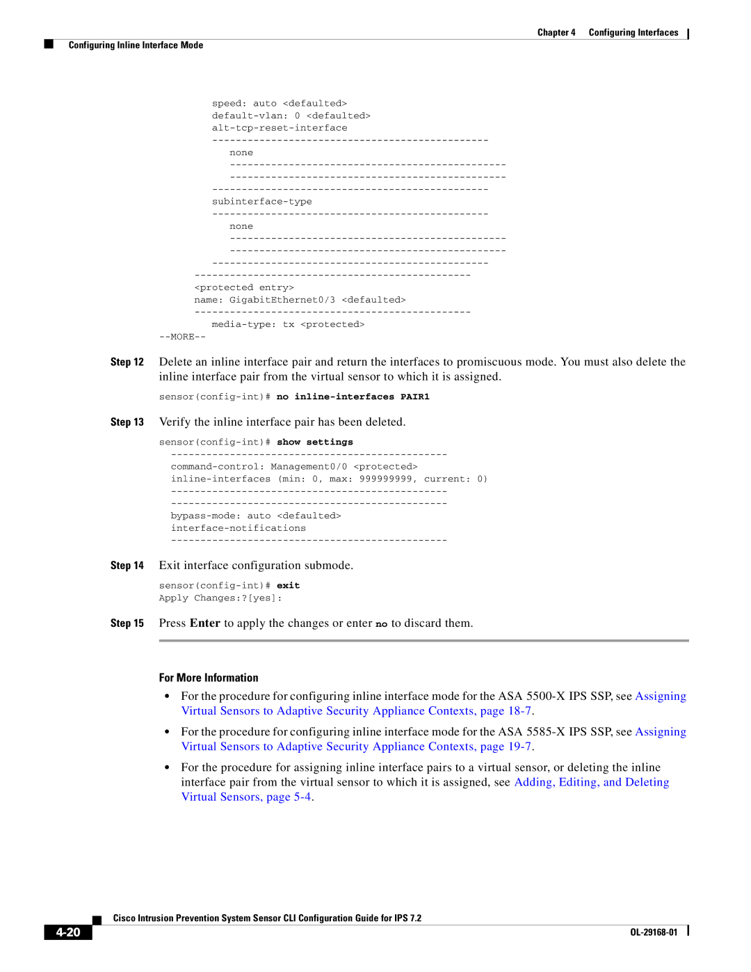 Cisco Systems IPS4510K9 manual Verify the inline interface pair has been deleted, Exit interface configuration submode 