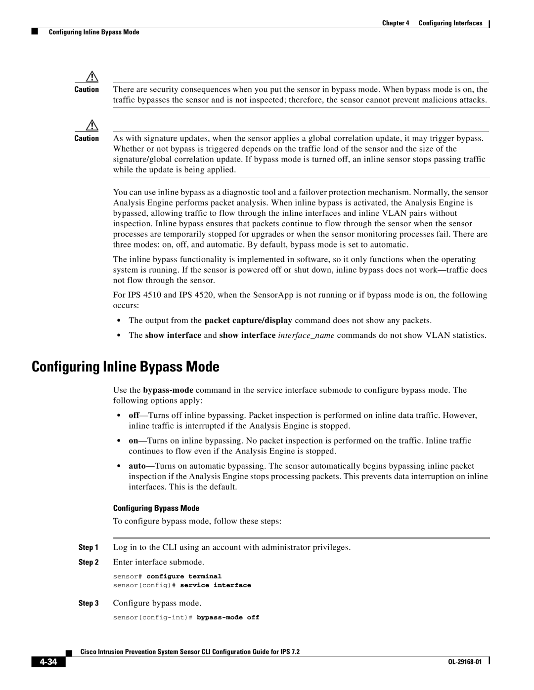 Cisco Systems IPS4510K9 manual Configuring Inline Bypass Mode, Configuring Bypass Mode, Configure bypass mode 