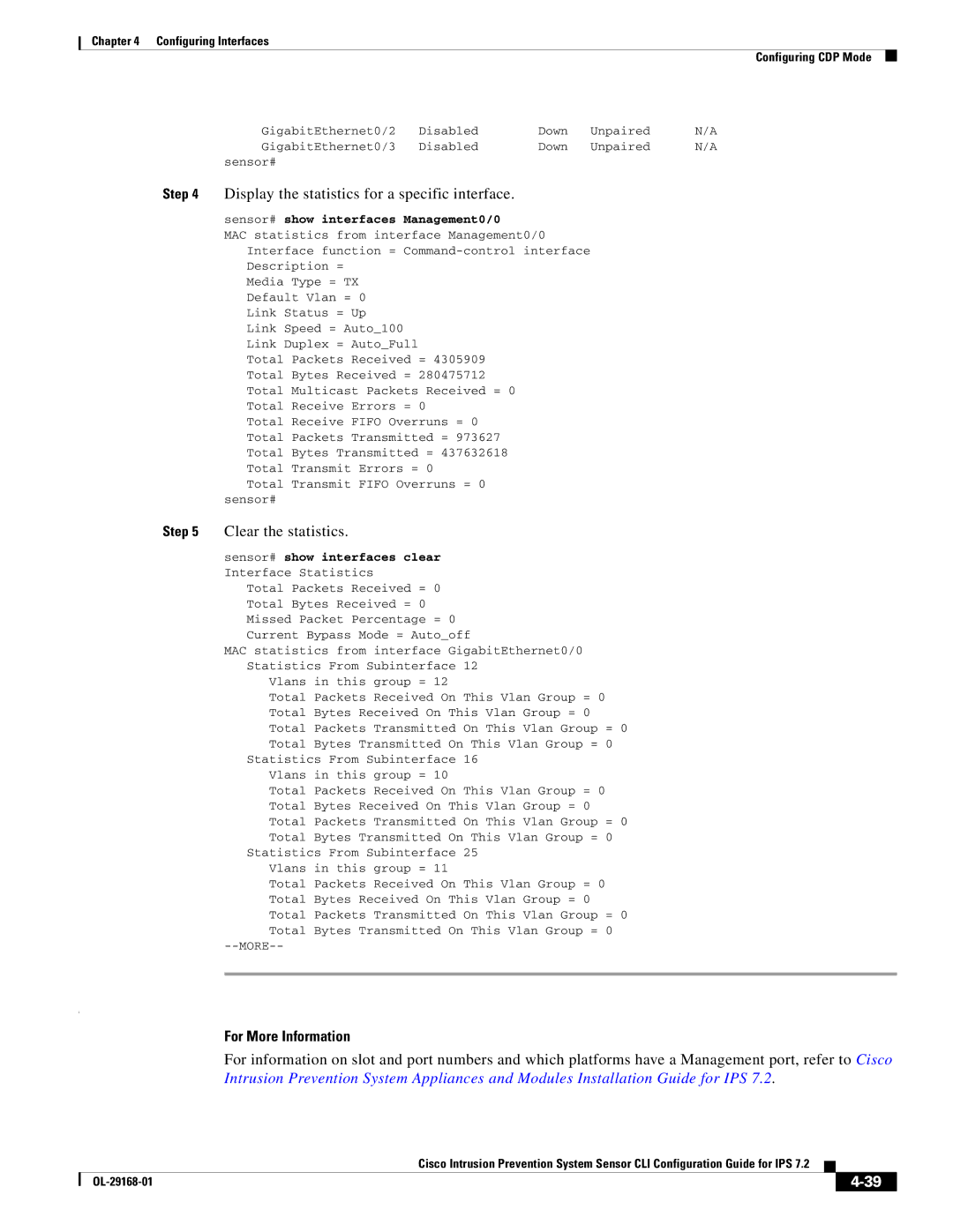 Cisco Systems IPS4510K9 manual Display the statistics for a specific interface, Clear the statistics 