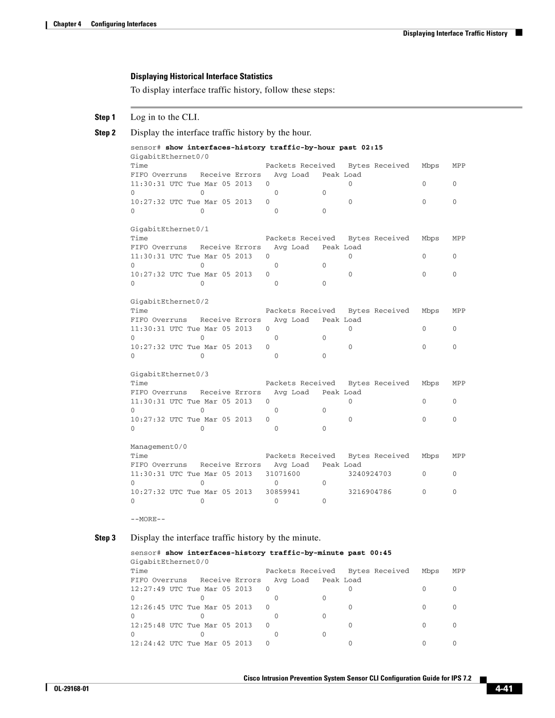 Cisco Systems IPS4510K9 Displaying Historical Interface Statistics, Display the interface traffic history by the hour 