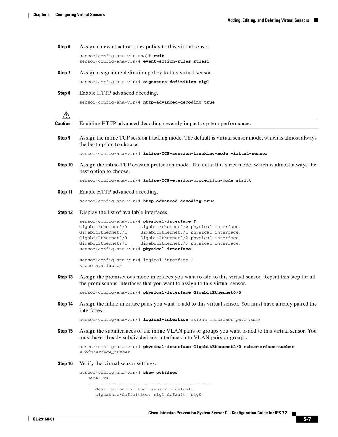 Cisco Systems IPS4510K9 manual Assign an event action rules policy to this virtual sensor, Enable Http advanced decoding 