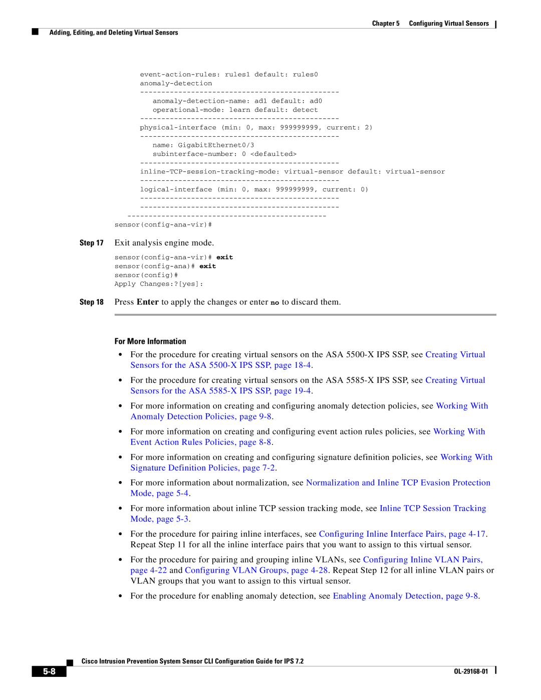 Cisco Systems IPS4510K9 manual Exit analysis engine mode, Press Enter to apply the changes or enter no to discard them 