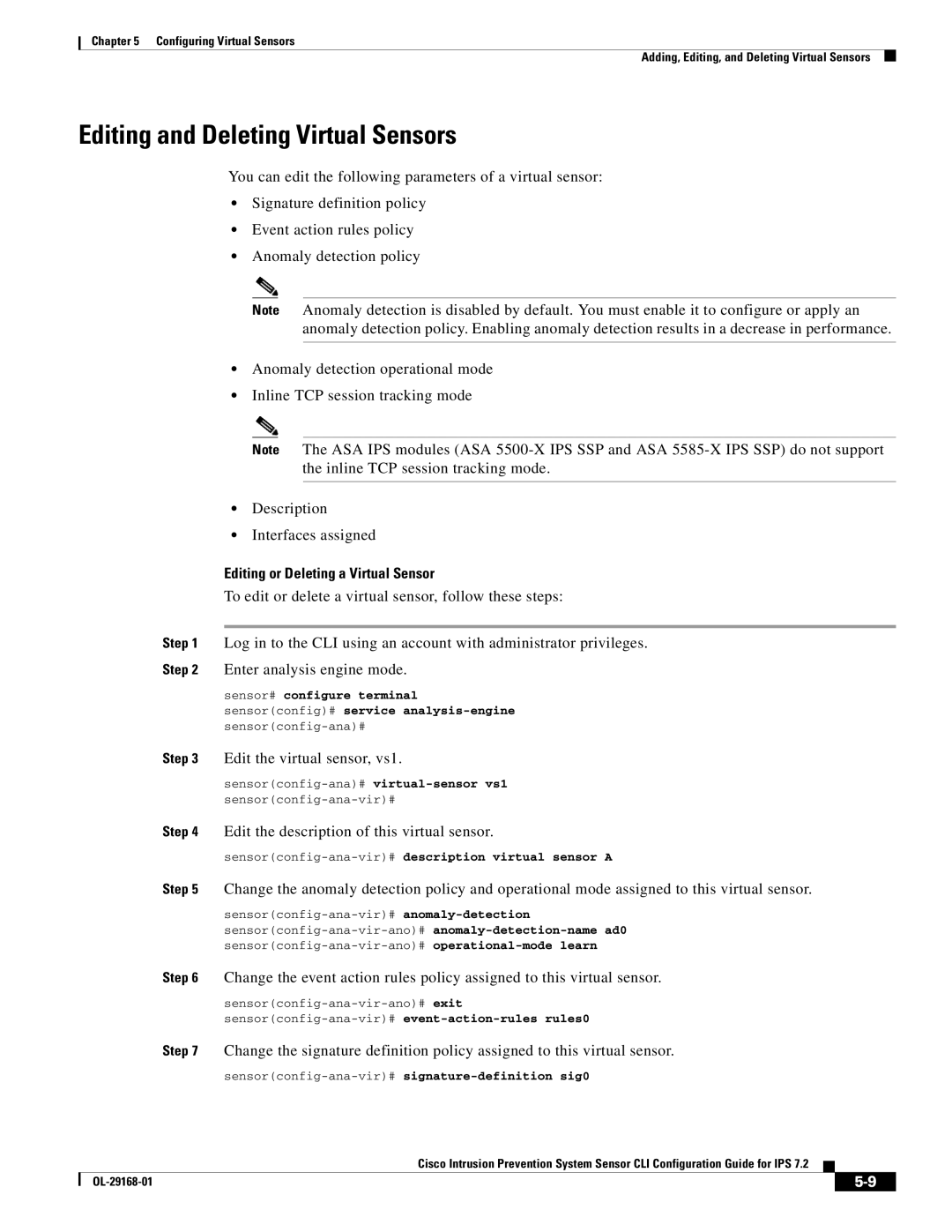 Cisco Systems IPS4510K9 manual Editing and Deleting Virtual Sensors, Editing or Deleting a Virtual Sensor 