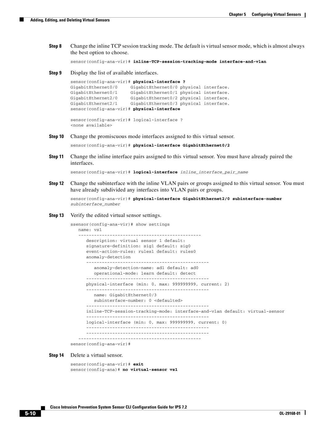 Cisco Systems IPS4510K9 manual Verify the edited virtual sensor settings, Delete a virtual sensor 