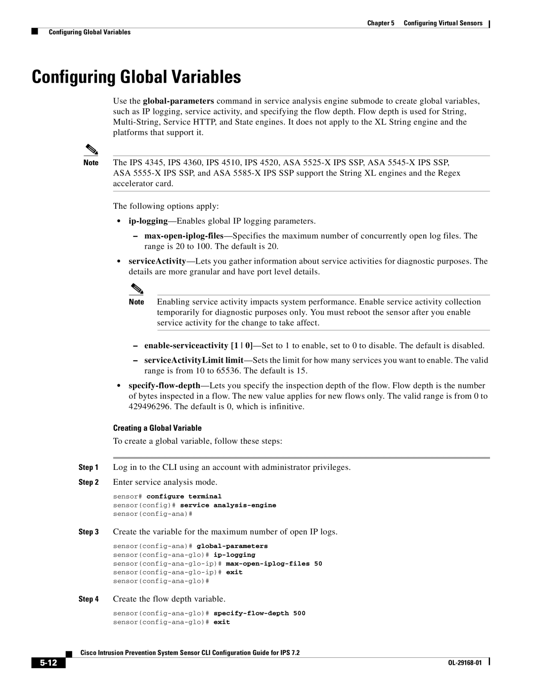 Cisco Systems IPS4510K9 manual Configuring Global Variables, Creating a Global Variable, Create the flow depth variable 