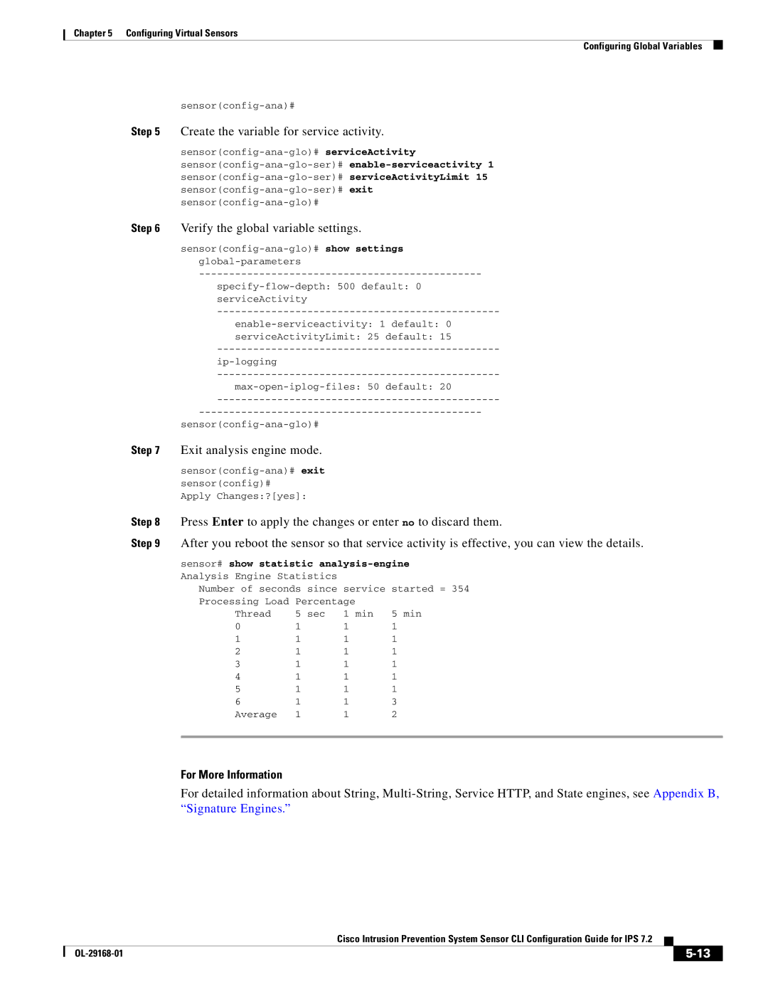 Cisco Systems IPS4510K9 manual Create the variable for service activity, Verify the global variable settings 