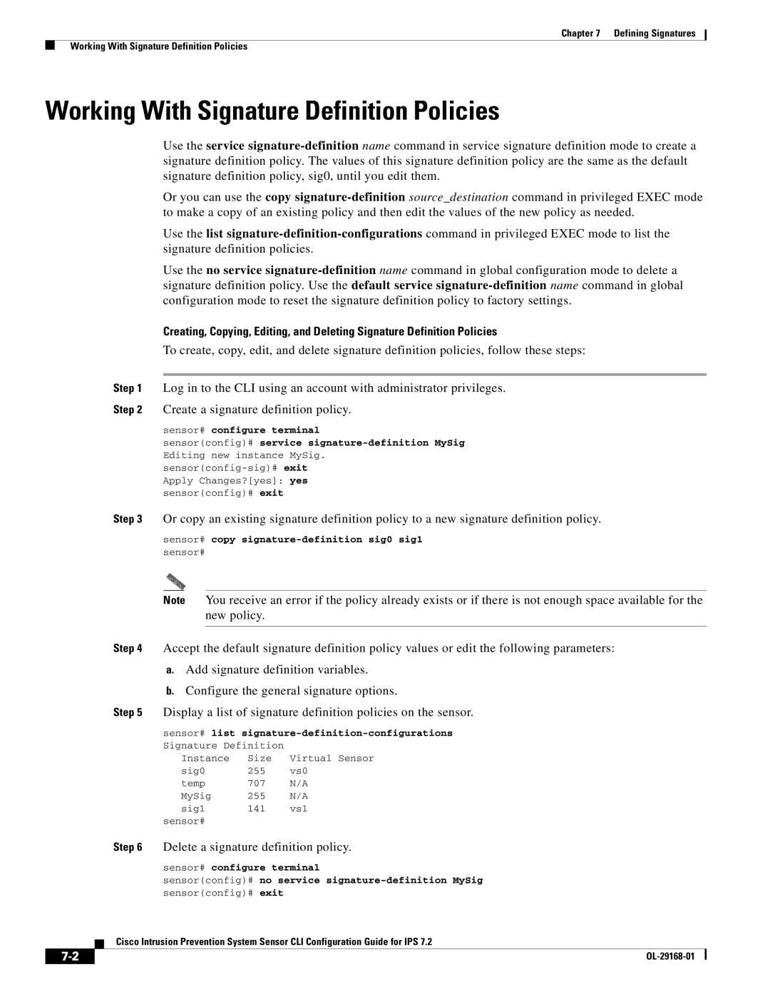 Cisco Systems IPS4510K9 manual Working With Signature Definition Policies, Delete a signature definition policy 