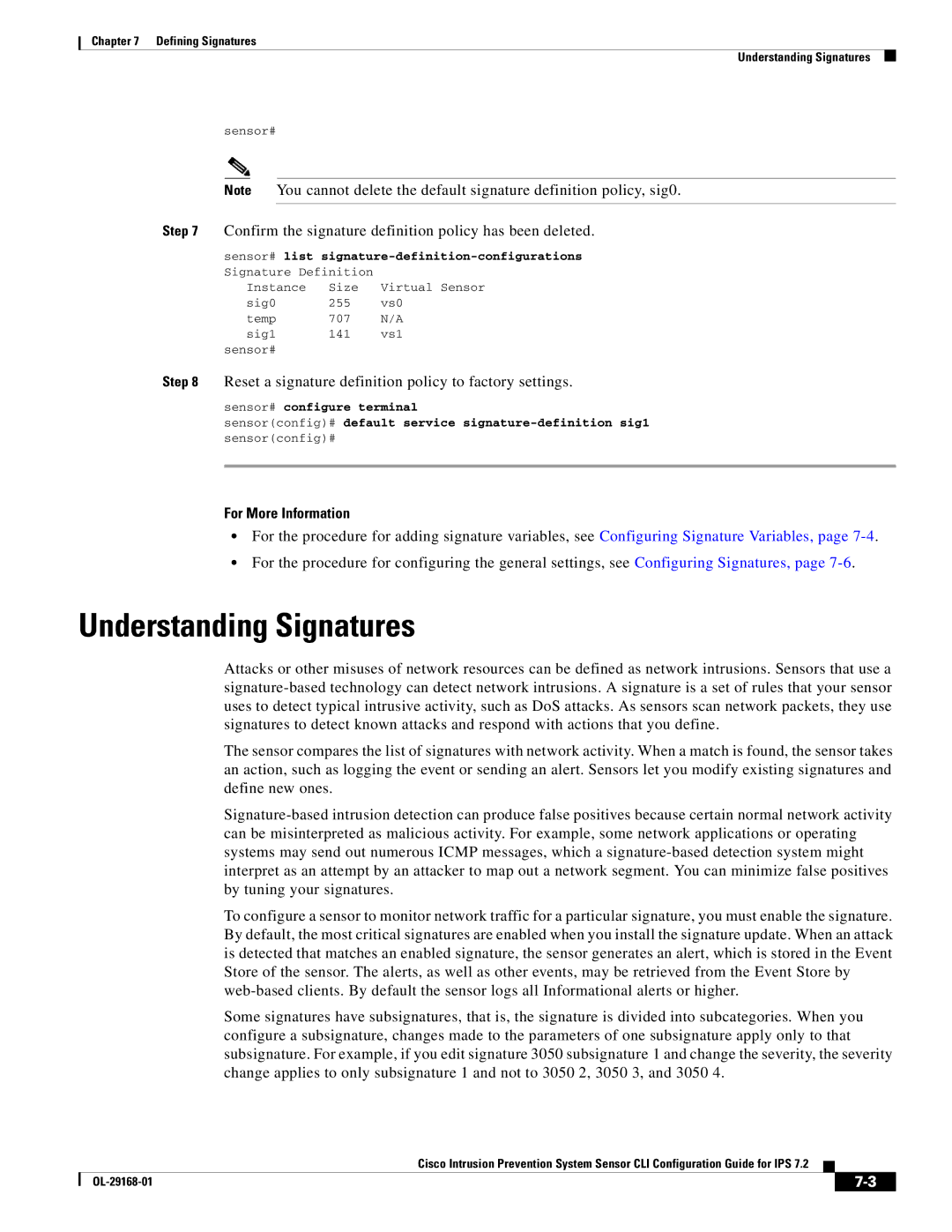 Cisco Systems IPS4510K9 manual Understanding Signatures, Confirm the signature definition policy has been deleted 