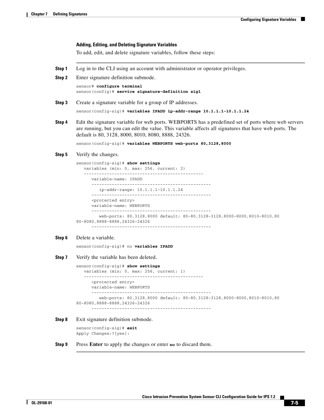 Cisco Systems IPS4510K9 manual Adding, Editing, and Deleting Signature Variables 