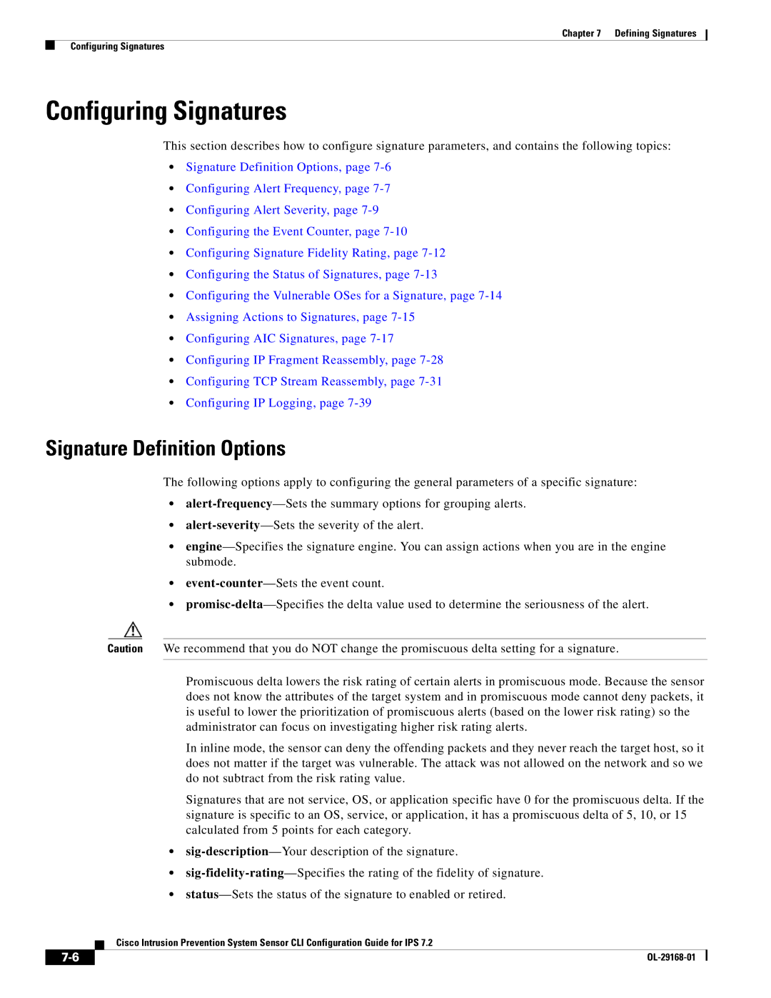 Cisco Systems IPS4510K9 manual Configuring Signatures, Signature Definition Options 