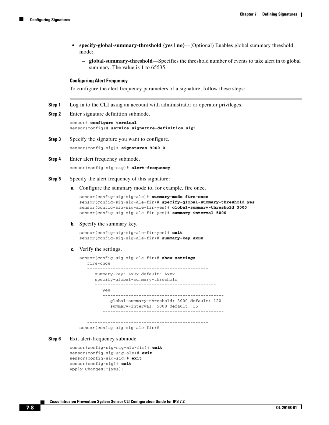 Cisco Systems IPS4510K9 Configuring Alert Frequency, Specify the signature you want to configure, Specify the summary key 