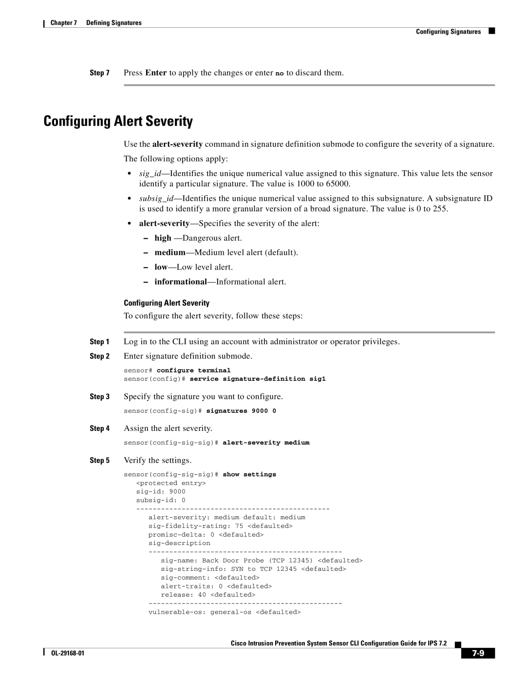 Cisco Systems IPS4510K9 manual Configuring Alert Severity, To configure the alert severity, follow these steps 