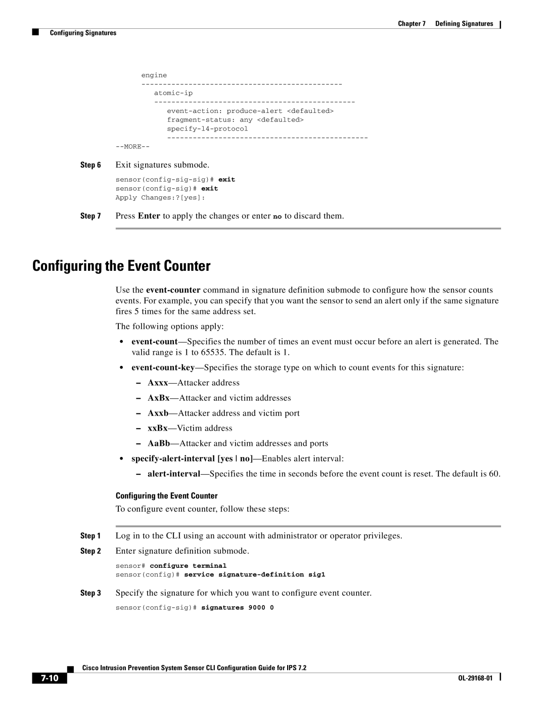 Cisco Systems IPS4510K9 manual Configuring the Event Counter, Exit signatures submode 