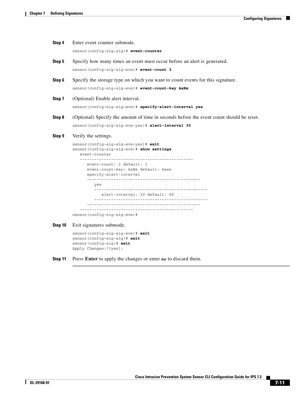 Cisco Systems IPS4510K9 manual Enter event counter submode, Optional Enable alert interval 