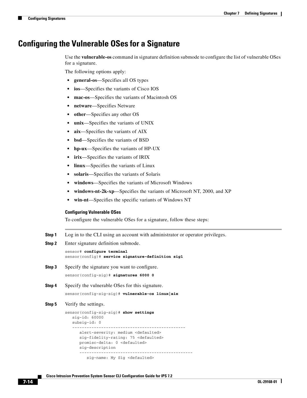 Cisco Systems IPS4510K9 manual Configuring the Vulnerable OSes for a Signature, Configuring Vulnerable OSes 