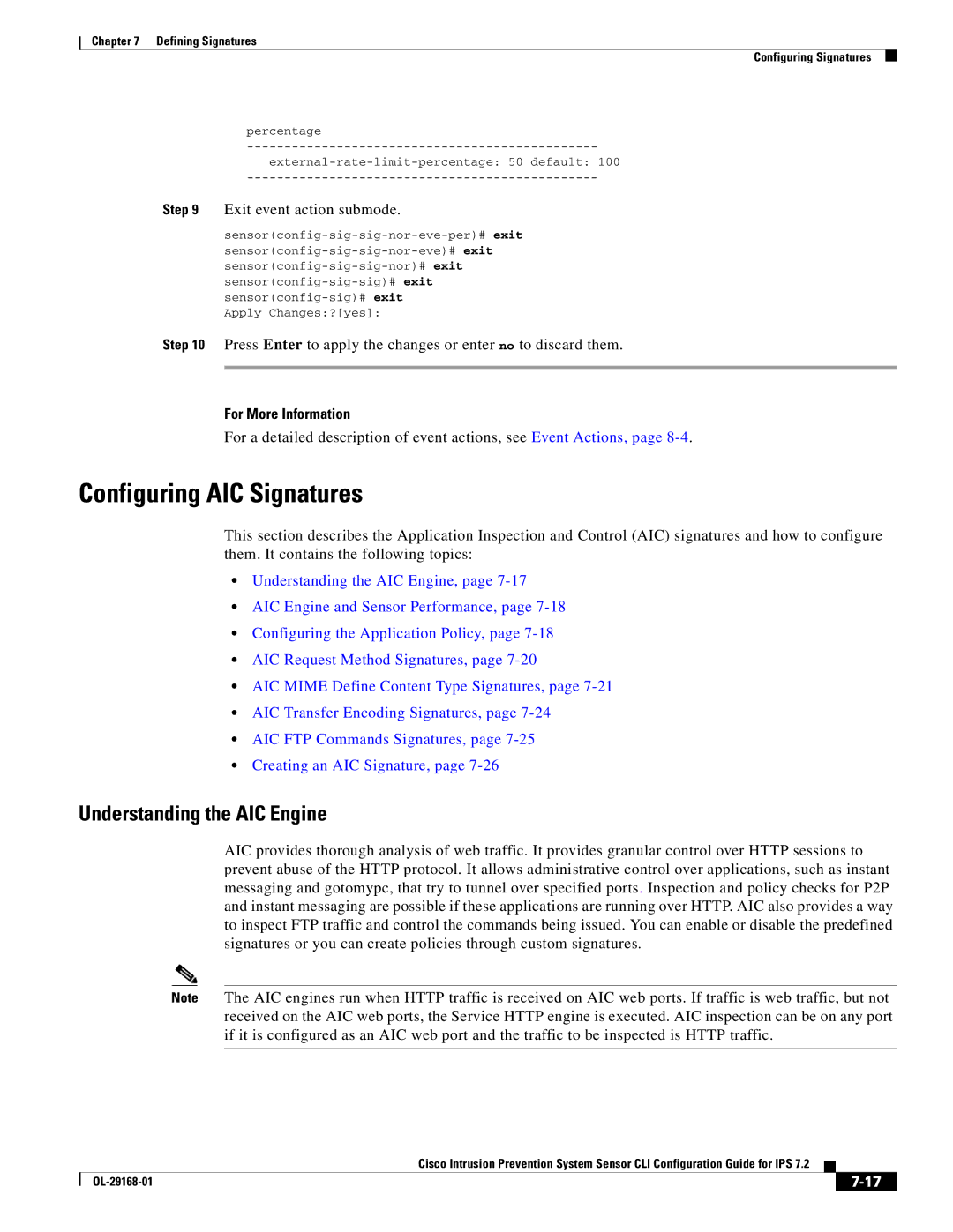 Cisco Systems IPS4510K9 manual Configuring AIC Signatures, Understanding the AIC Engine, Exit event action submode 