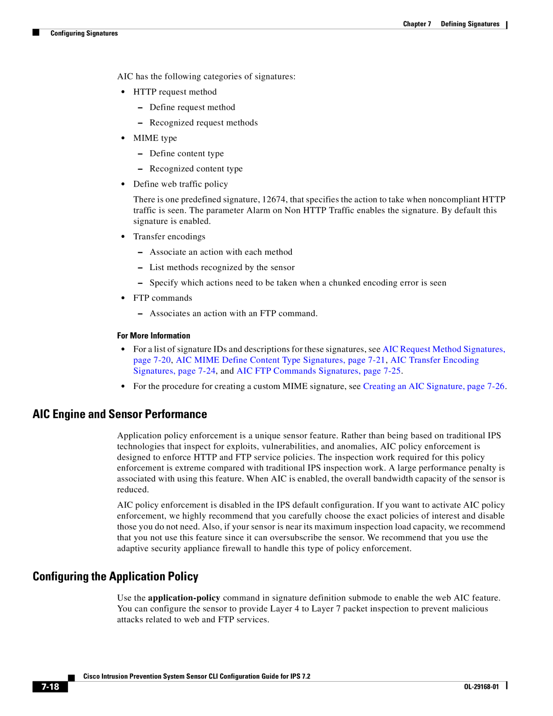 Cisco Systems IPS4510K9 manual AIC Engine and Sensor Performance, Configuring the Application Policy 