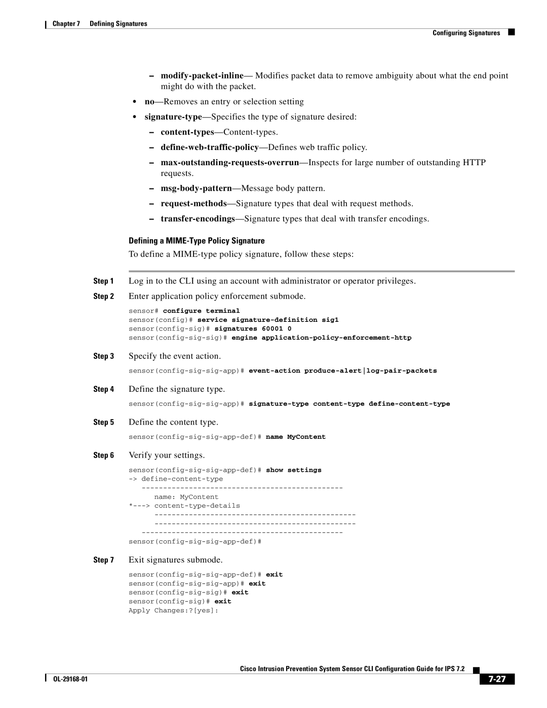 Cisco Systems IPS4510K9 manual Defining a MIME-Type Policy Signature, Specify the event action, Define the signature type 