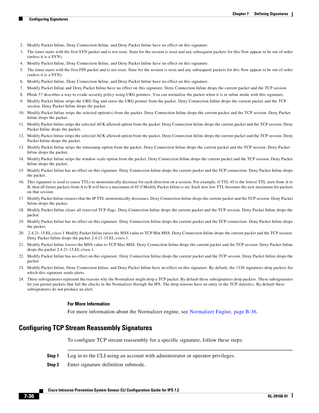 Cisco Systems IPS4510K9 manual Configuring TCP Stream Reassembly Signatures, For More Information 