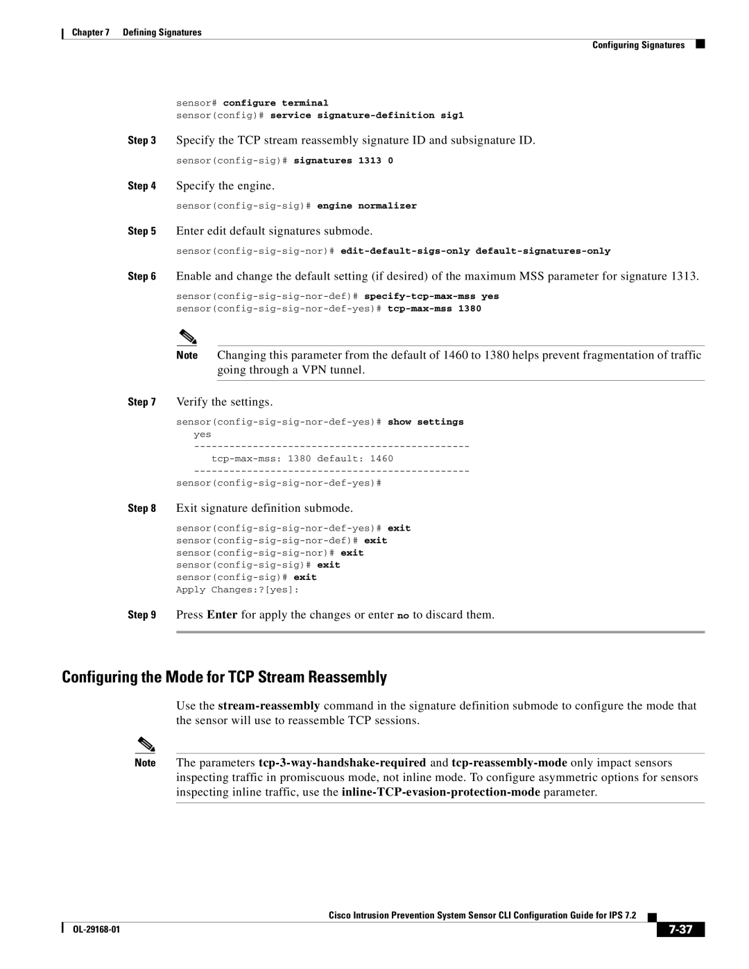 Cisco Systems IPS4510K9 manual Configuring the Mode for TCP Stream Reassembly, Specify the engine 