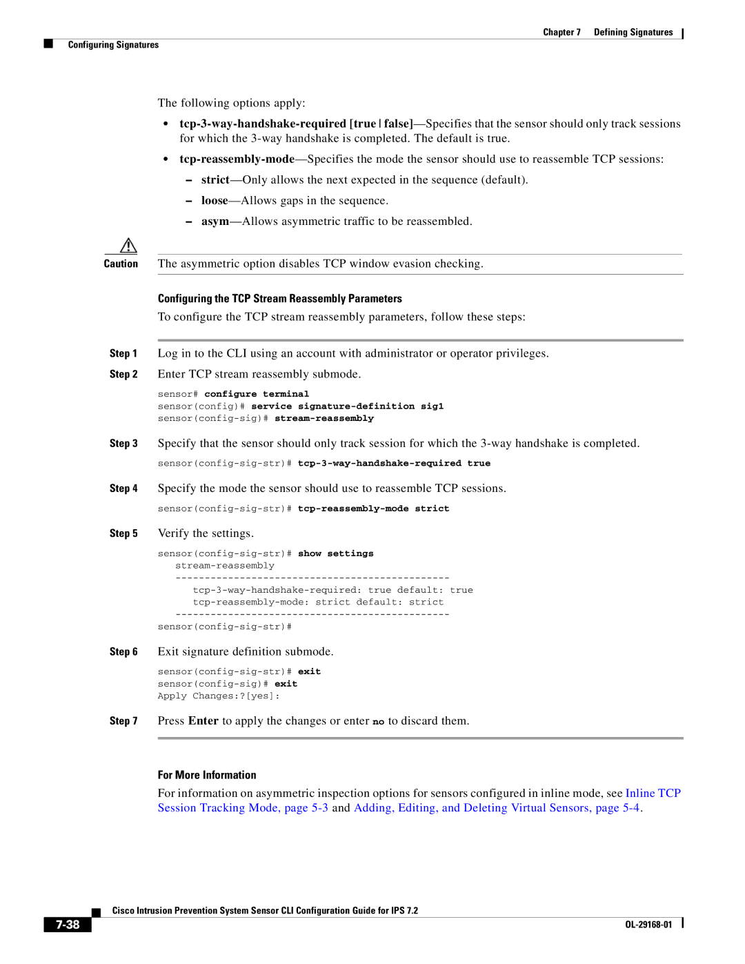 Cisco Systems IPS4510K9 Configuring the TCP Stream Reassembly Parameters, Sensorconfig-sig-str#tcp-reassembly-mode strict 