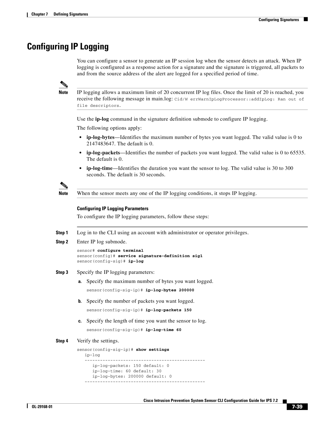 Cisco Systems IPS4510K9 manual Configuring IP Logging Parameters, Specify the number of packets you want logged 