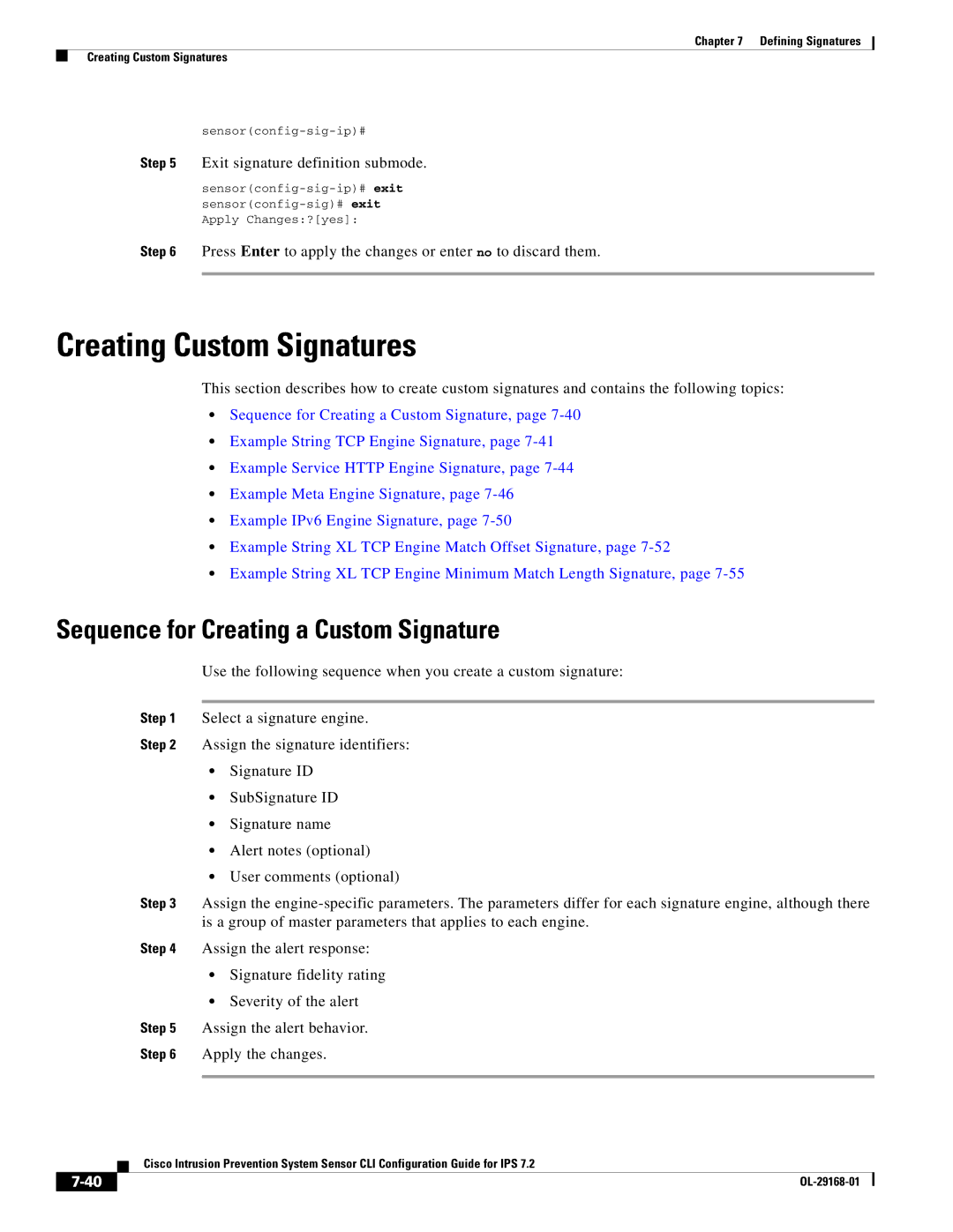 Cisco Systems IPS4510K9 manual Creating Custom Signatures, Sequence for Creating a Custom Signature 