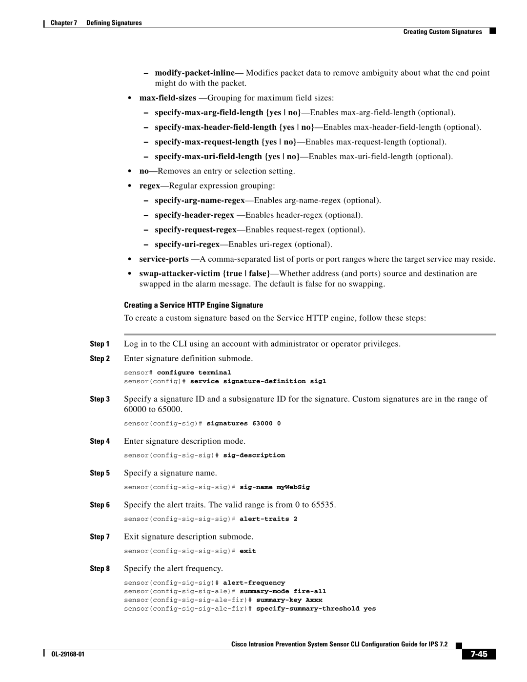 Cisco Systems IPS4510K9 manual Creating a Service Http Engine Signature, Enter signature description mode 